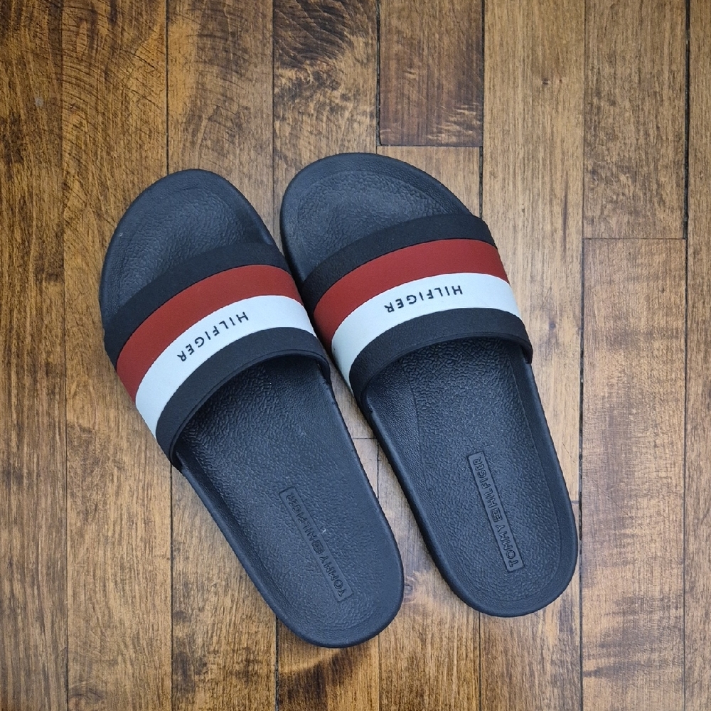 Tommy Hilfiger Men's Black, Red, and White Slides